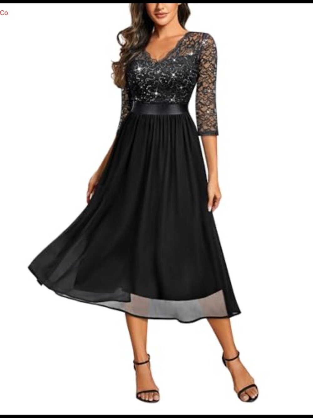 Miusol V-Neck Sequin Lace 3/4 Sleeve Bridesmaid Party A-Line Midi Dress